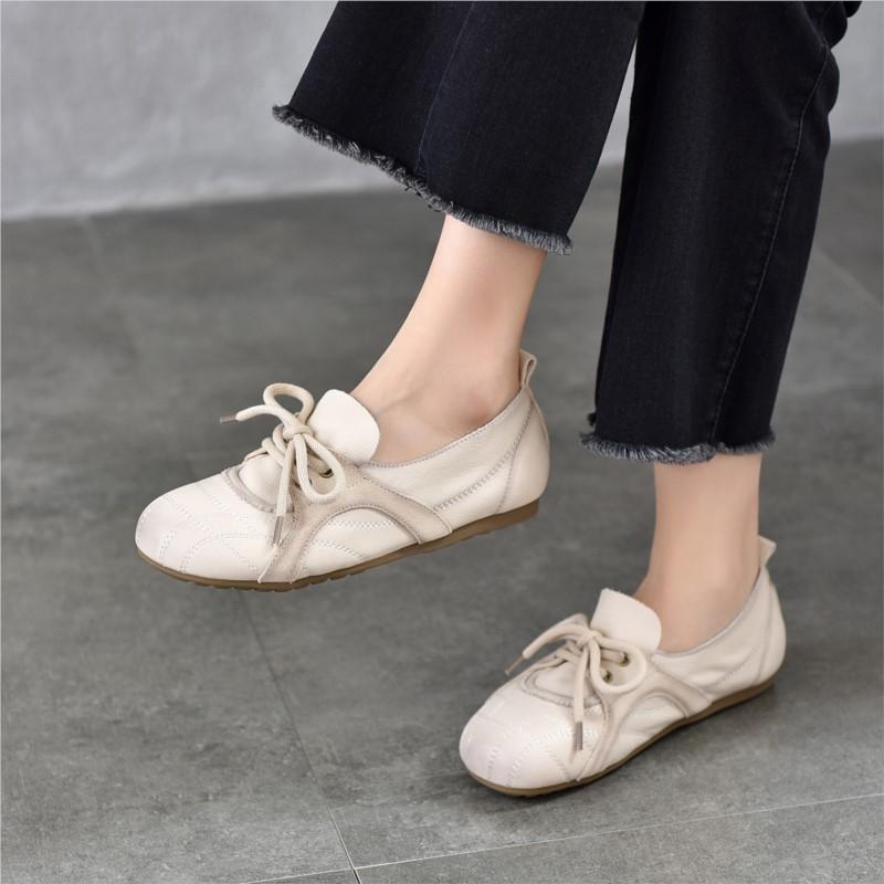 Johnature Genuine Leather Soft Soled Loafers Casual Comfortable Round Toe Lace Up Women's Flat Shoes