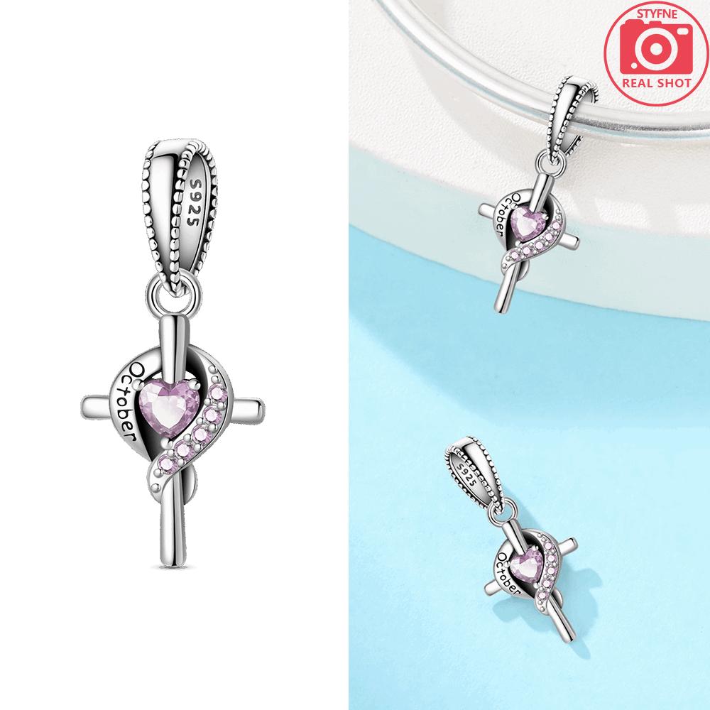 Women Pendant Original Red Zircon Birthstone Blue Gemstone Heart Cross Bead Fit Bracelet Copper Jewelry Accessory Charm Gift