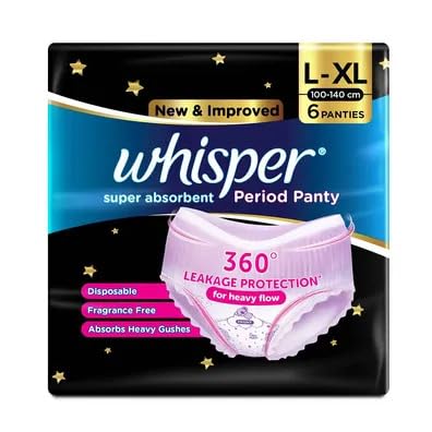 Whisper Super Saugfähige Periodenunterwäsche, 6 L-XL Hosen, 360 Grad Auslaufschutz für starke Blutung, Passform wie Unterwäsche für vollständige Bedeckung des Rückens, Absorbiert He