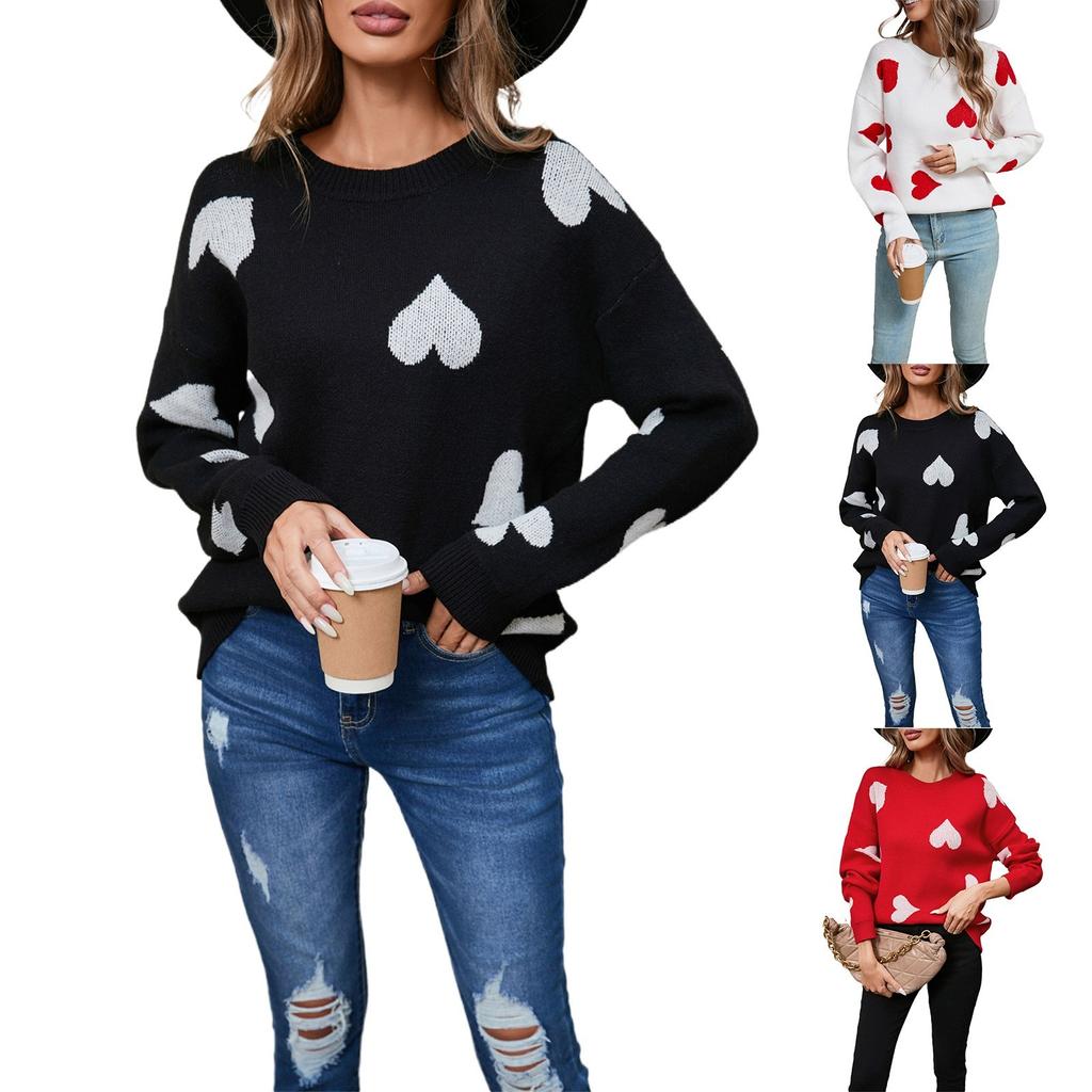 Women's Loose Casual  Fashion Round Neck Heart Sweater Knitted Bottoming Shirt Sweater