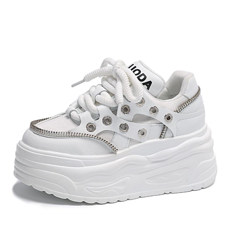 Fashion 2025 New 8cm High-Heel Leather Women's Shoes, Chunky Sneakers with Wedge Platform Design, Suitable for Autumn and Spring Seasons