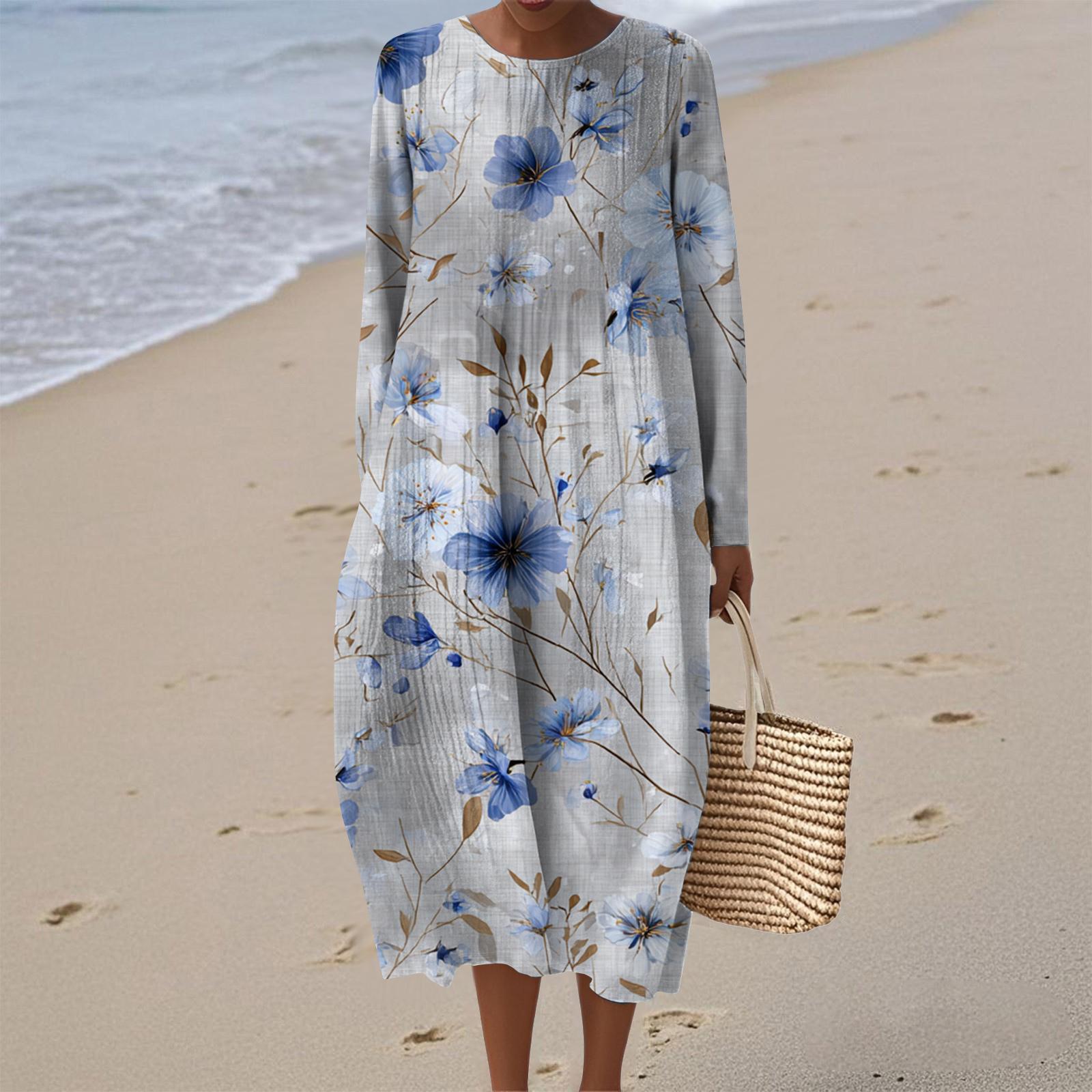 

Women s Fashionable Casual Long-Sleeved Round Neck Floral Print Zipper Dress S синий