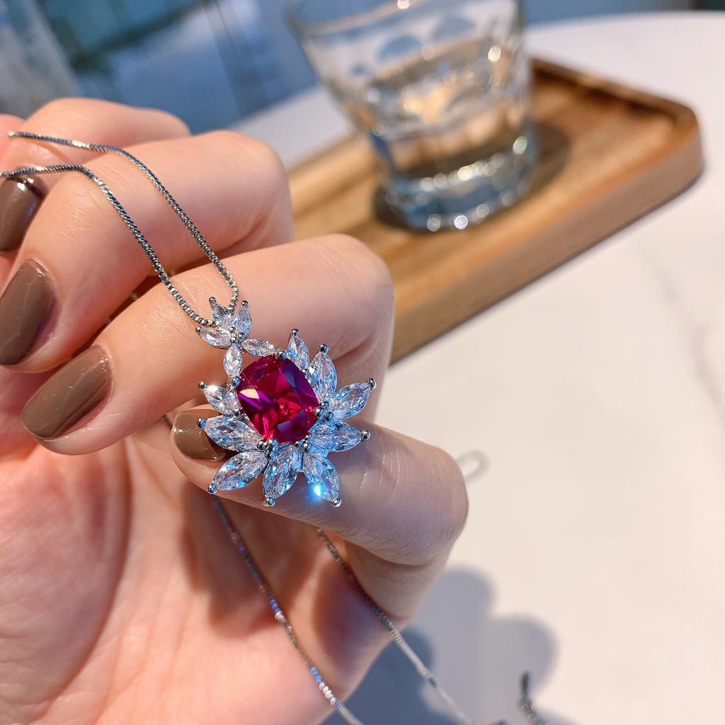 Jewelry Colored Treasure Popular Red Corundum Imitation Gemstone Retro Pendant Temperament Collarbone Chain