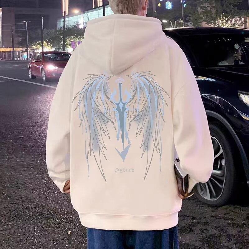 Unisex Dark Street Style Hooded Sweatshirt with Trendy Wings Design