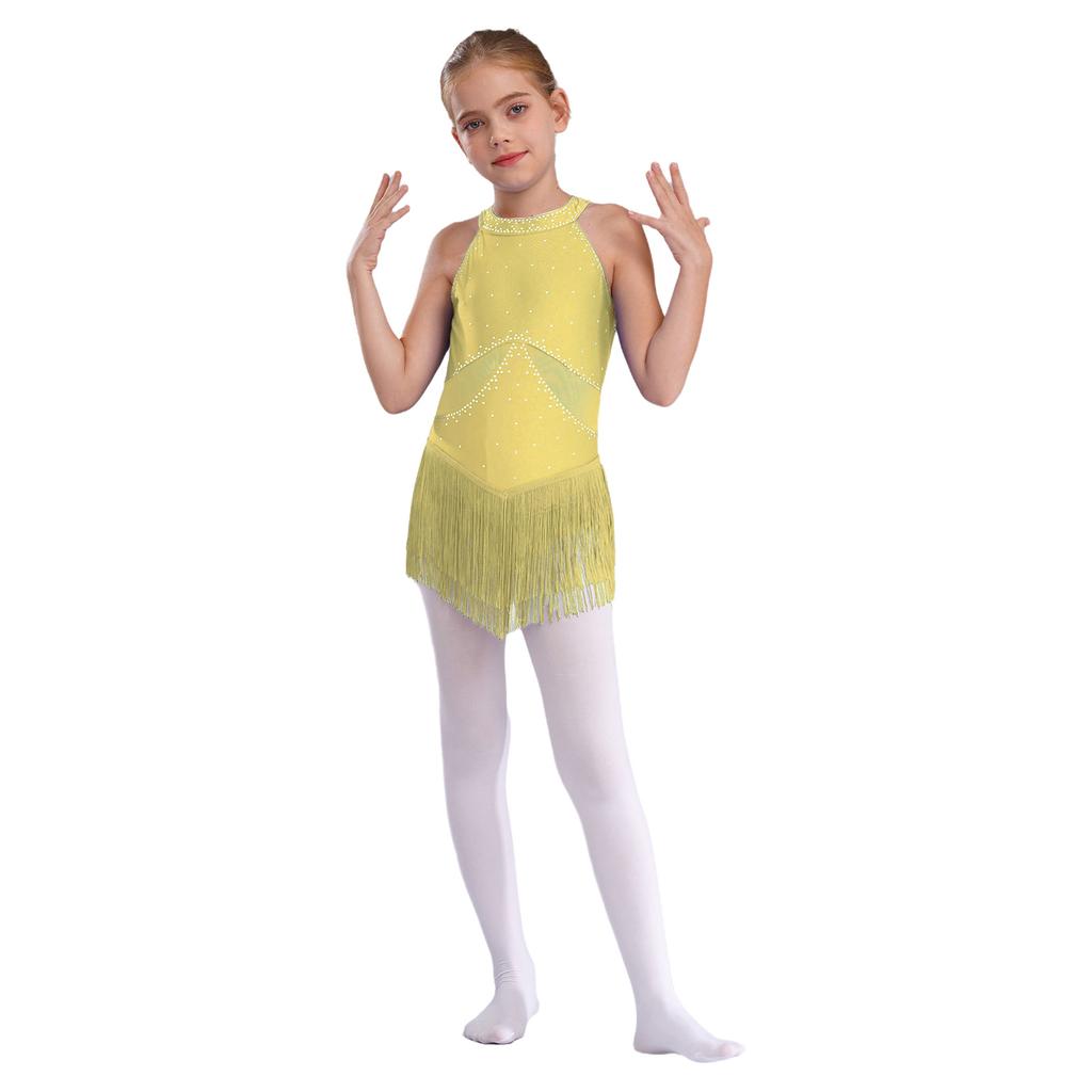 Kids Girls Glittery Rhinestones Fringed Leotard Sheer Mesh Patchwork Keyhole Back Tassel Bodysuit