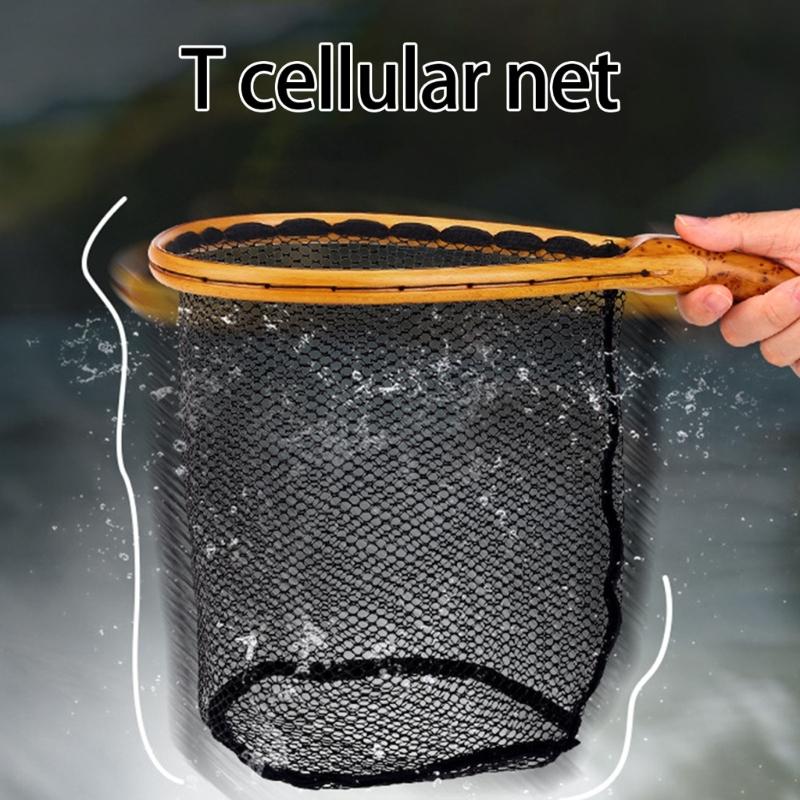 Curved Wood Handle Fishing Landing Net Mesh Design Protects Fishes Compacts Fishing Net For Anglers Stream Fishing