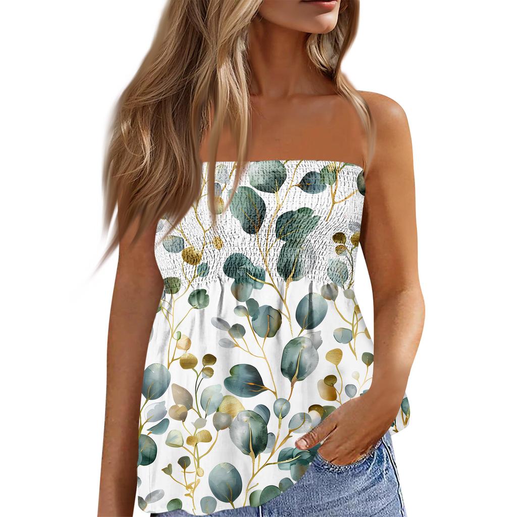 Women's Fashionable And Sexy Backless Elastic Floral Print Strapless Slimming T-shirt Top