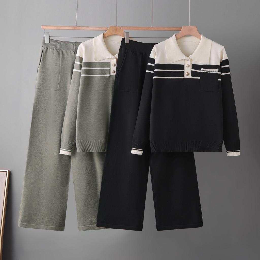 Striped sweater set Spring and Autumn 1116 new loose fashion casual wide-leg pants knitted two-piece set