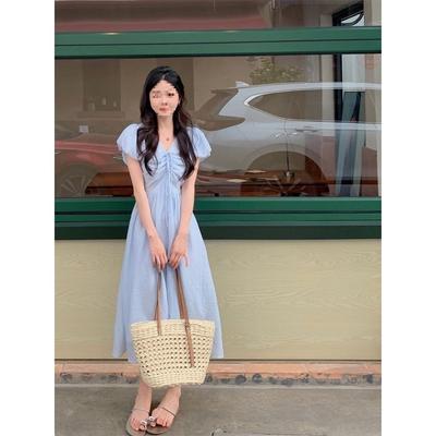 Sasuo's Small French V-neck Bubble Sleeve Dress, New Waist and Thin Milk Blue Super Fairy A-shaped Skirt