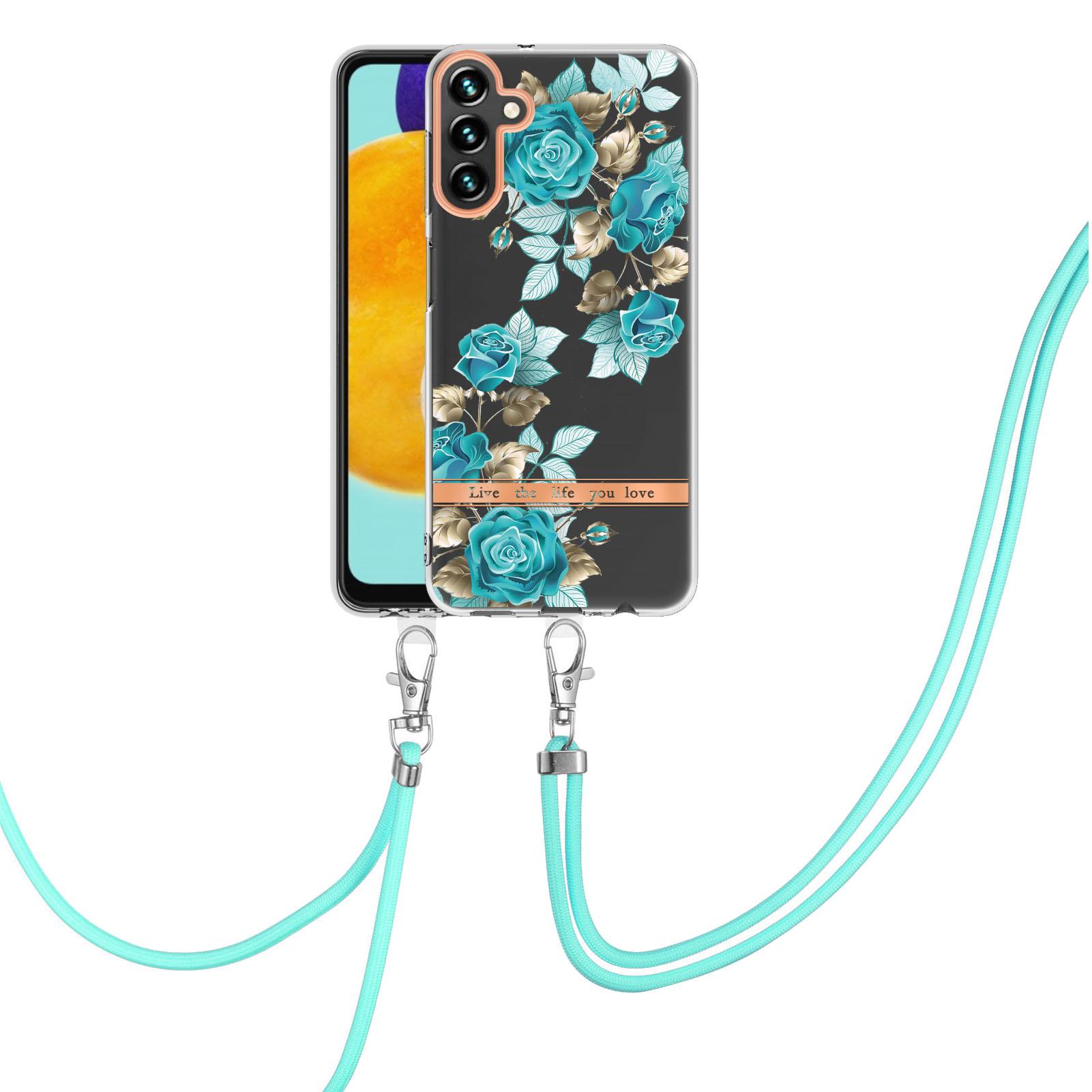 

For Samsung Galaxy A14 5G/A14 4G Back Cover with Shoulder Strap Flower Pattern Electroplating TPU Case HC002 Blue Rose