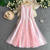 Summer New Sleeveless White Spliced Tulle Satin Maxi Dress Women‘s O Neck Slim Waist Ruched A Line Formal Wedding Evening Party Dress