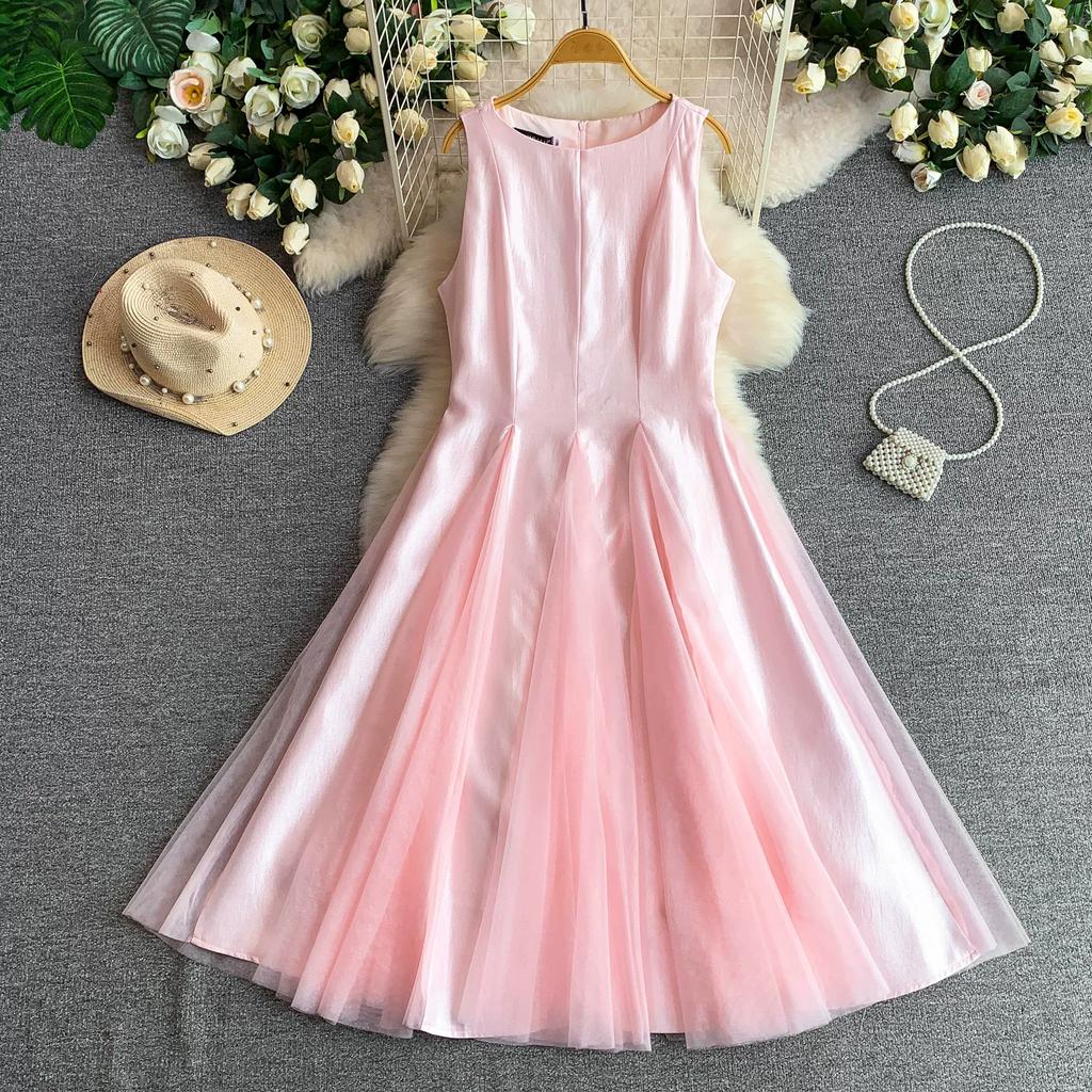 Summer New Sleeveless White Spliced Tulle Satin Maxi Dress Women‘s O Neck Slim Waist Ruched A Line Formal Wedding Evening Party Dress
