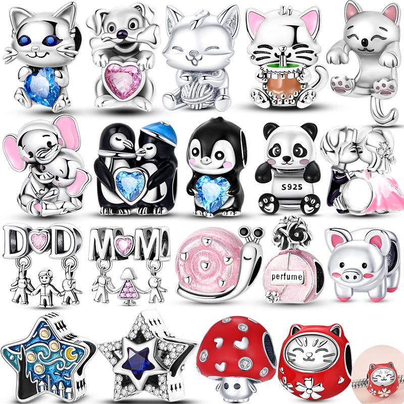 Original Charms Beads Pendant 925 Silver Parent Child Holding Hands Kitten Beads Fit Bracelet Woman Jewelry Gifts
