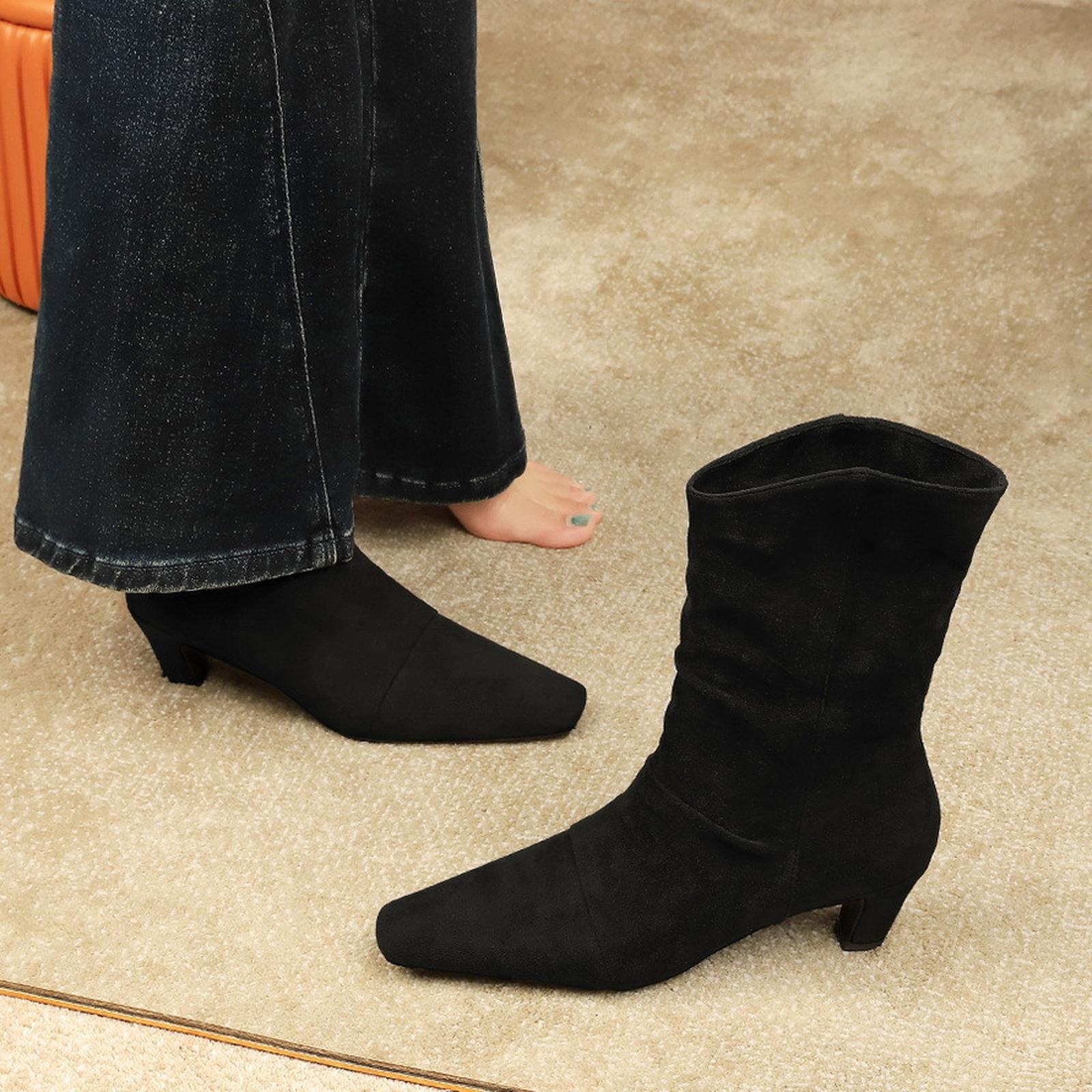 Women s Retro Suede Slouchy Western Mid-Calf Block Heel Boots 39