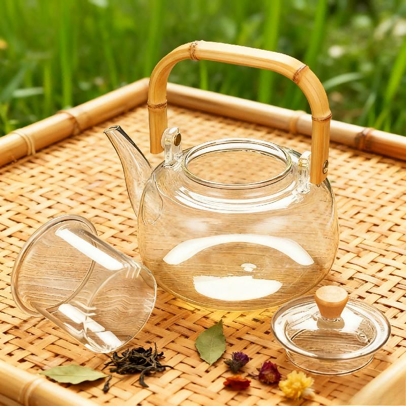 1000ml Glass Teapot Chinese Tea Ceremony Clear Teapot with Filter Wood Handle for Electric Ceramic Stove Home Office Tea Maker