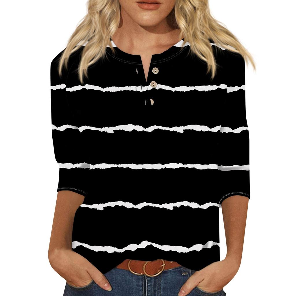 Women's Fashion T-Shirt Casual Printed V-Neck Button Up Shoulder Sleeves Seven Quarter Sleeve Top