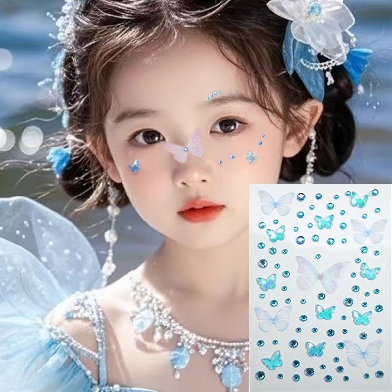 Aurora Butterfly Face Rhinestone Stickers: Shiny, Self-Adhesive Gauze Stickers for Children's Stage Makeup.