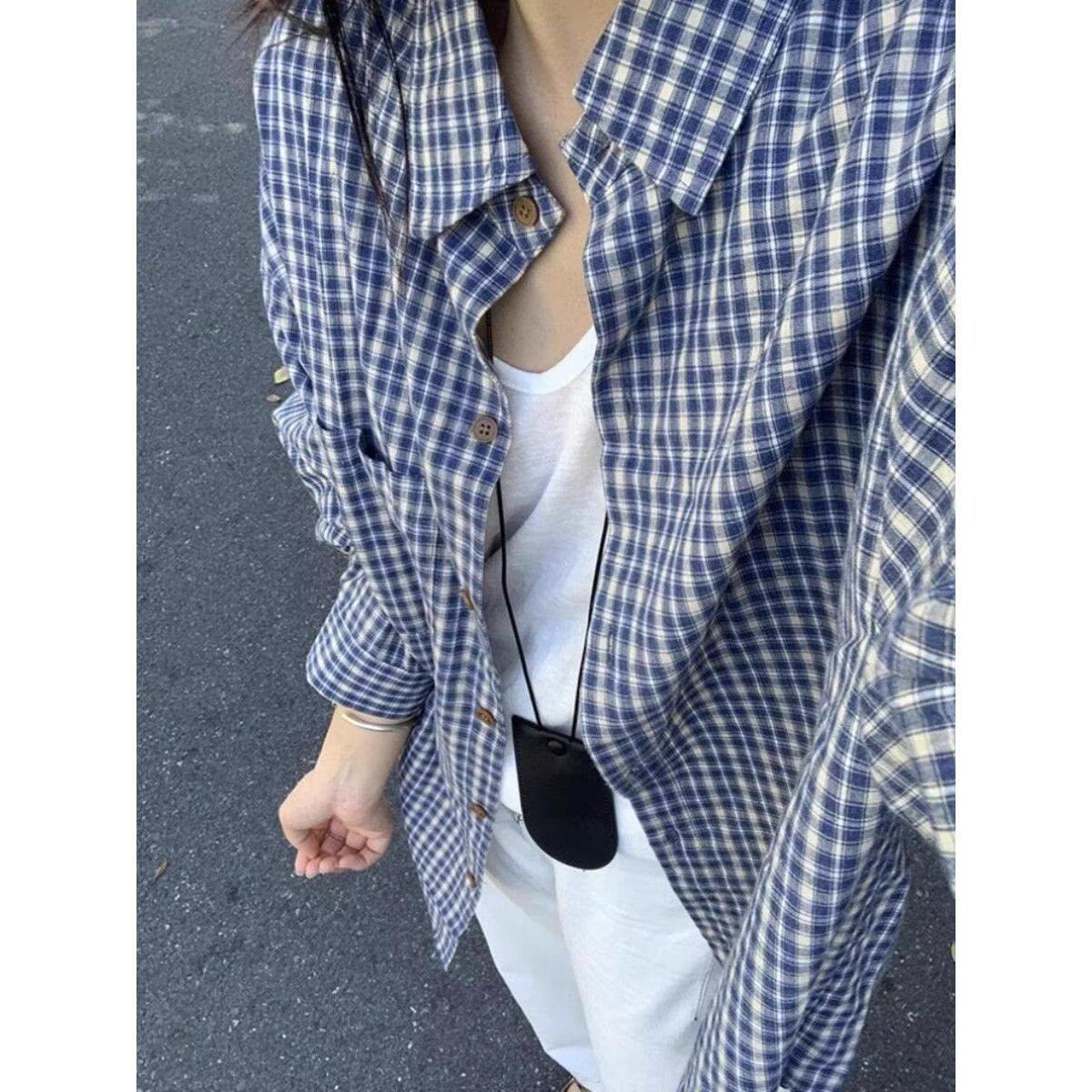 

Men s Retro Blue Plaid Shirt - Lazy Style Casual Loose Fit for Spring & Autumn 2XL синій