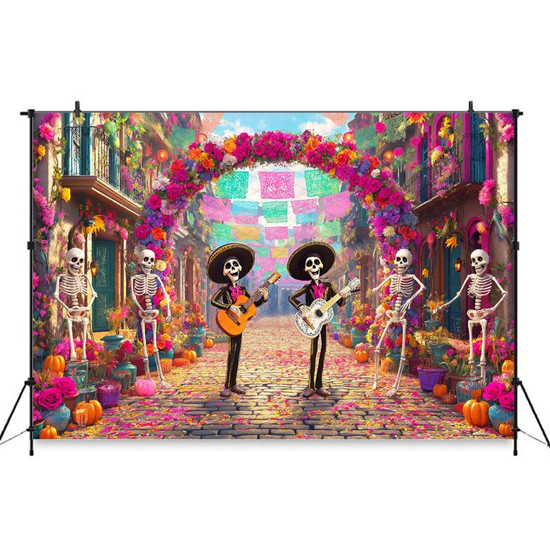 Mocsicka Day Of The Dead Photography Backdrop Colorful Mexican Street Skeleton Background Kid Floral Photo Banner Party Tapestry Cotton-150x100cm