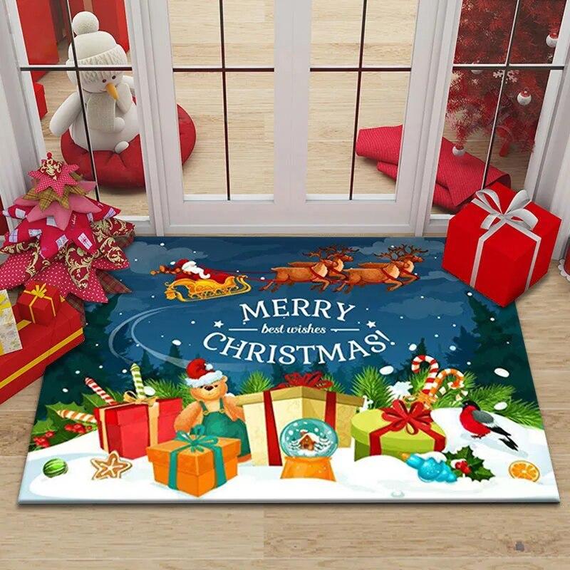 Merry Christmas Home Entrance Decoration Carpet Santa Claus Elk Print Floor Mat Door Mat Living Room Bathroom Non-Slip Carpet