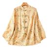 National style imitation ramie shirt women's 1116 spring new Chinese stand-up collar disc-buckle printed shoulder-length sleeve top