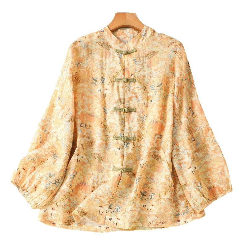 National style imitation ramie shirt women's 1116 spring new Chinese stand-up collar disc-buckle printed shoulder-length sleeve top