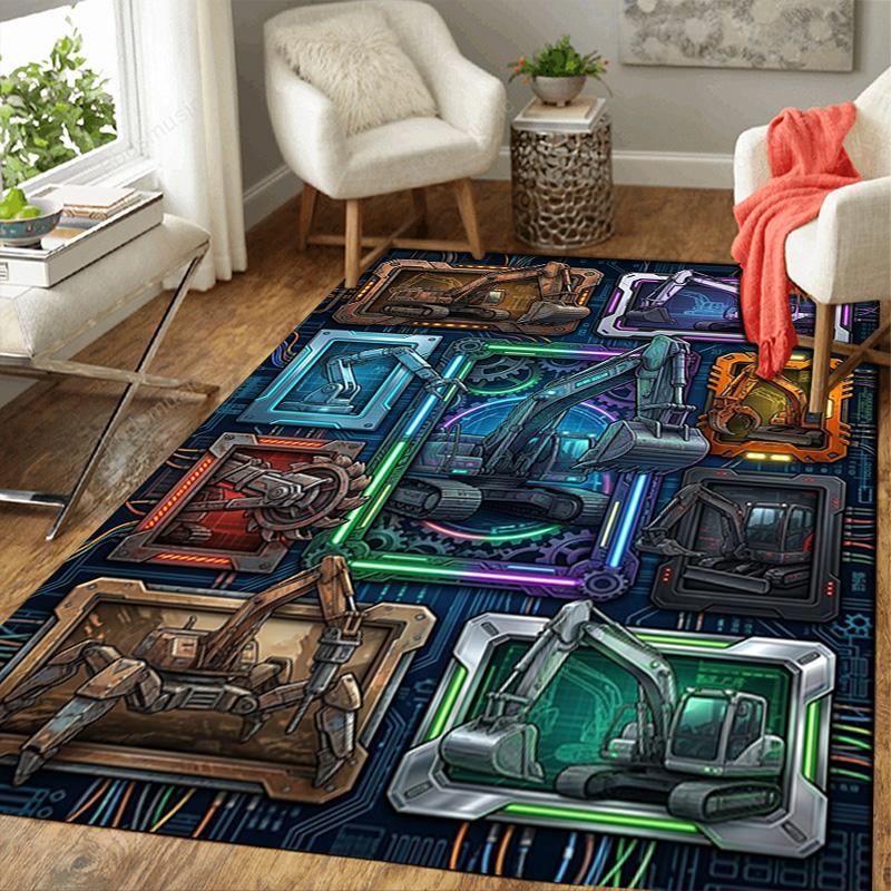 Futuristic Excavator Showcase Pattern Rug Floor Mat for Living Room or Bedroom Soft and Comfortable Carpet a Gift for Birthday and Holiday.