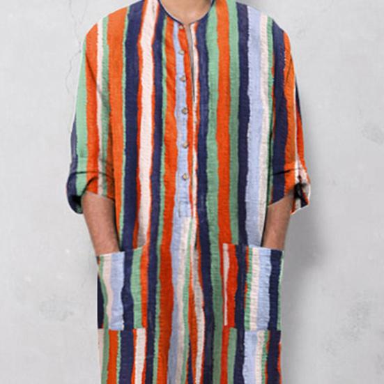 Gown Shirt Colorful Striped Pockets Single-breasted Round Neck Soft Long Shirt for Daily Wear
