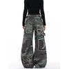 Womens Vintage Camo Denim Jeans High Waist Straight Leg Wide Fit Cargo Pants Casual Wear