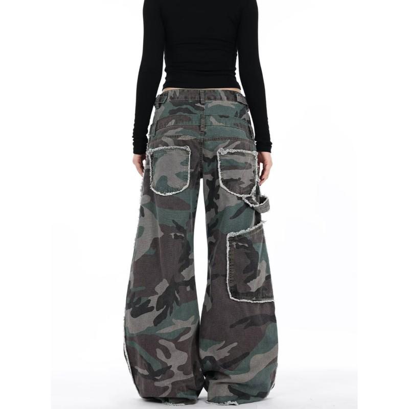 Womens Vintage Camo Denim Jeans High Waist Straight Leg Wide Fit Cargo Pants Casual Wear