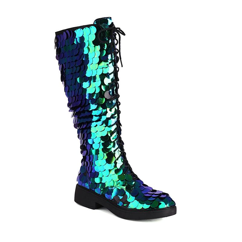 Fashion Women's New Round Head Lace up Sequin Thick Bottom Large and Calf High Barrel Mar Mid heeltin Boots