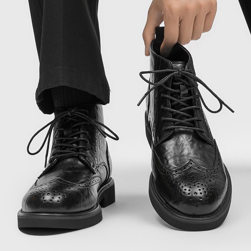 Men's high top leather shoes classic retro brogue style Autumn and Winter Outdoor Daily Business Office Black brown short boots