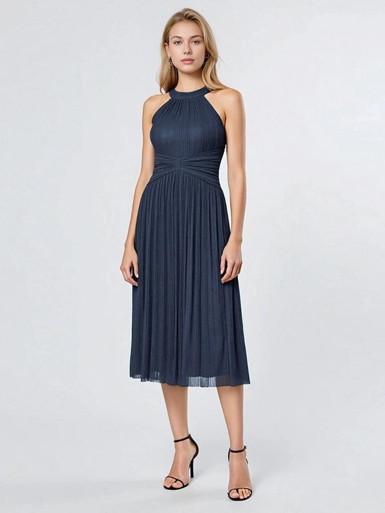 Ever-Pretty Women's Glitter Halter Cocktail Dresses Sleeveless Pletaed A-Line Midi Evening Dresses