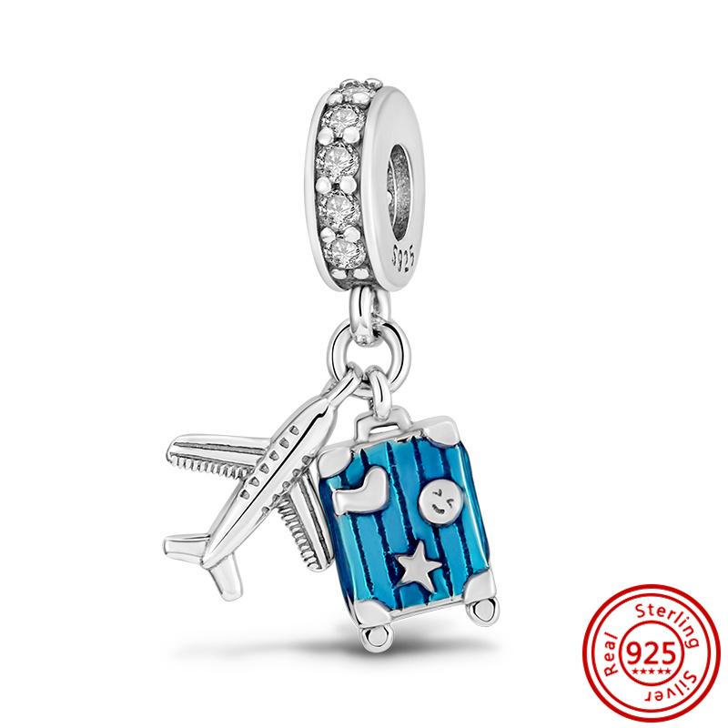 925 Sterling copper Star Moon Sun Airplane Travel Passport Postcard Pendant Blue Beads Fit Pantaro Charms Bracelet Women Zircon
