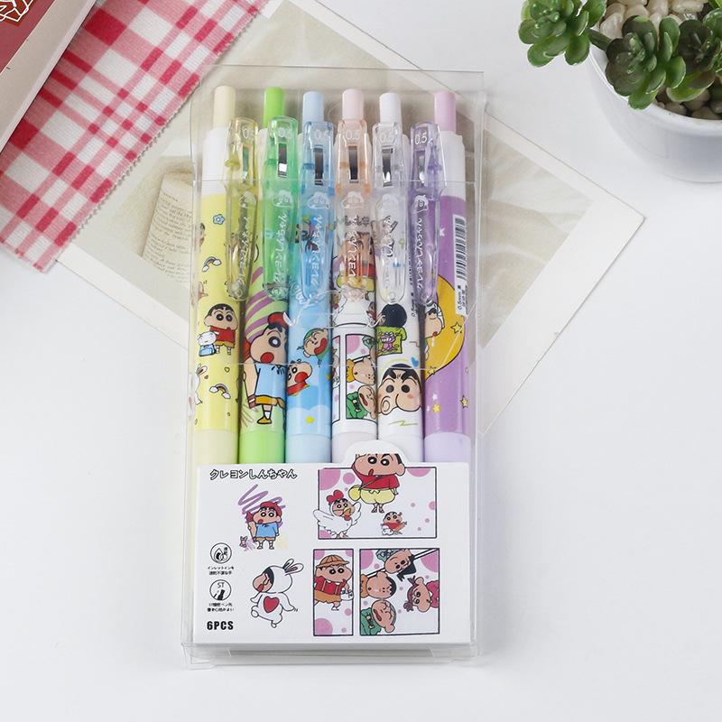 6Pcs Cartoon Crayon Shin-Chan Pressing Neutral Pen Kawaii Children Writing Pen Quick Drying Gel Pen Student Stationery Gift