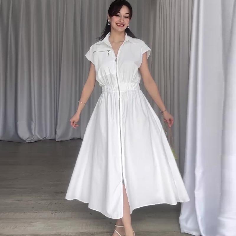 

Летнее европейское и американское однотонное платье с лацканами, приталенное, с застежкой-молнией для женщин Large белый