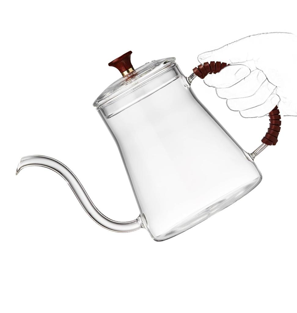 Pokaro Tee-Tropfkanne, Kaffeekessel, Kessel mit schmaler Ausgusstülle, Hitzebeständiges Glas, 680ml, Schwanenhalskanne mit schmaler Ausgusstülle, Kaffeekanne, Herdplattengeeignet,