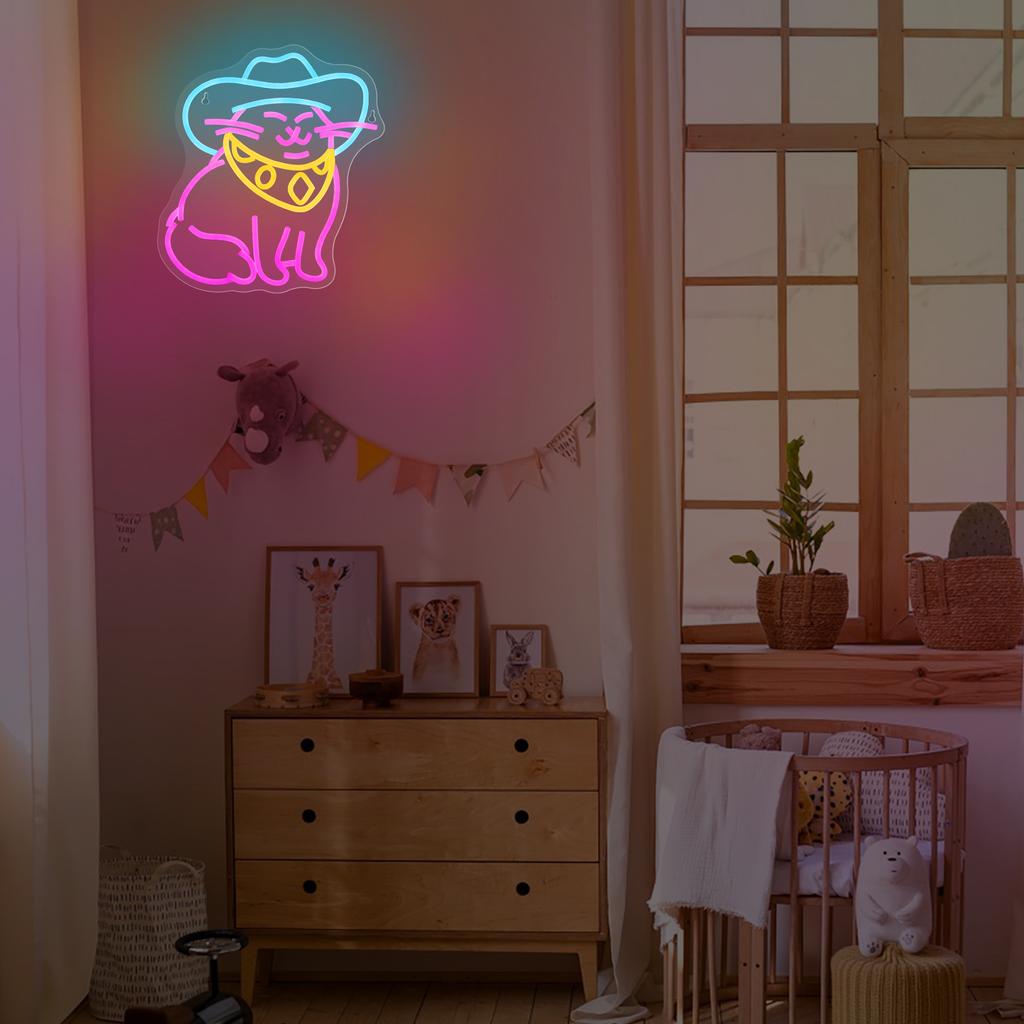 Blue Cowboy Hat Cat Neon Sign, LED Neon Signs for Wall Decor, Cat Bedroom Decor, Cat Lover Gifts, Cat Wall Decor