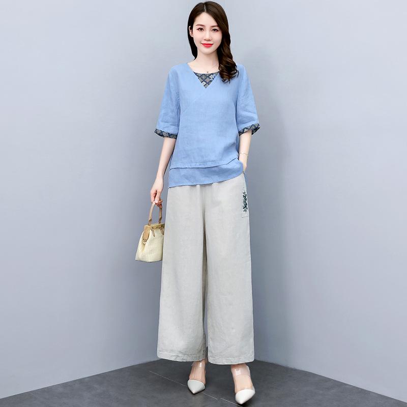 Summer 2025 Women's Retro Chinese Style Linen Top and Wide-Leg Pants Set