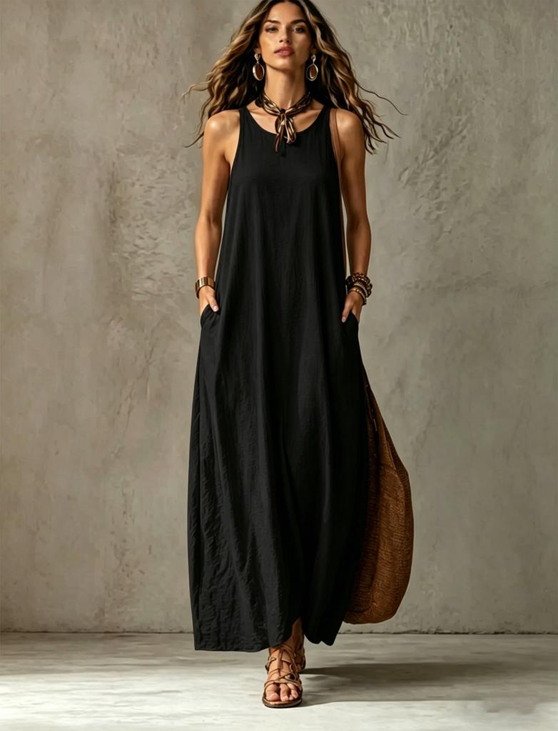 Women's Solid Scoop Neck Spaghetti Strap Loose Fit Maxi Dress Casual Vacation Sleeveless Long Dress