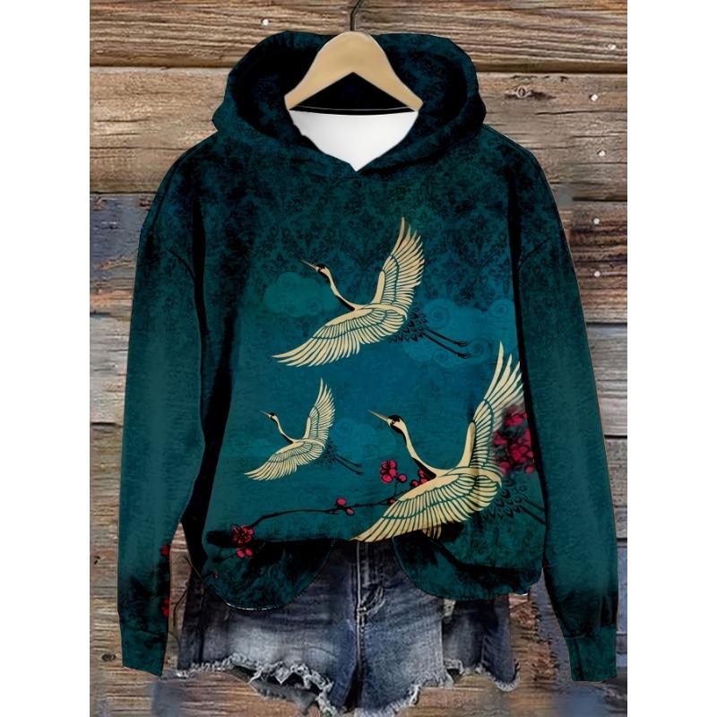 Japan Elegant Crane Moonlight Art Print Long Sleeve Hoodie Loose Women's Hoodie