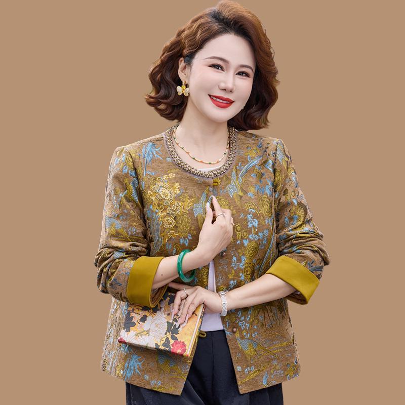 

Elegant Chinese Style Jacquard Spring/Autumn Jacket for Middle-Aged and Elderly Women 3XL (120-135 jin) коричневий
