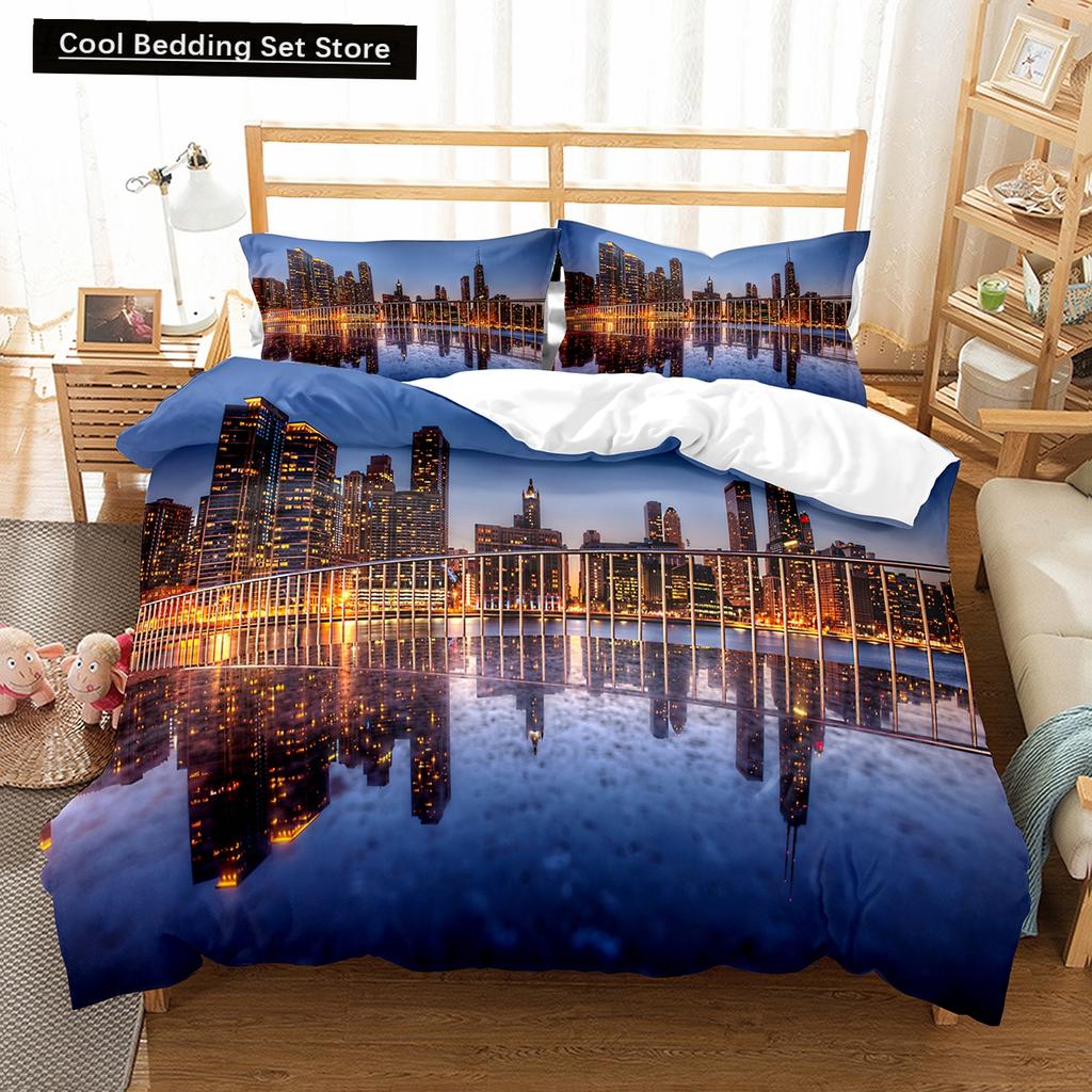 Comforter Cityscapes King Queen Tall Buildings Landscape Bedding Set Busy Traffic View Polyester Comforter