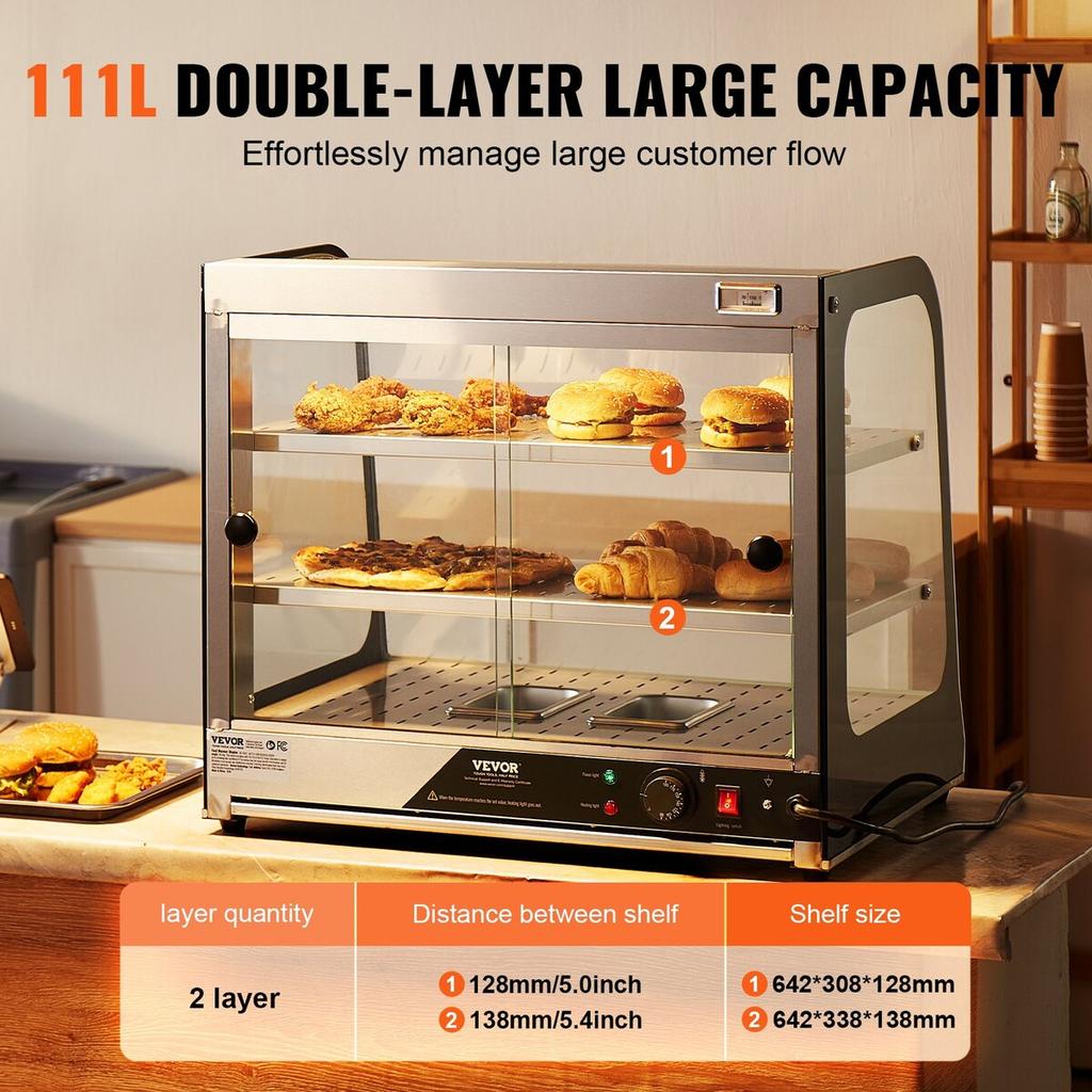 2-Tier Commercial Food Warmer Display Countertop Pizza Cabinet with Tong