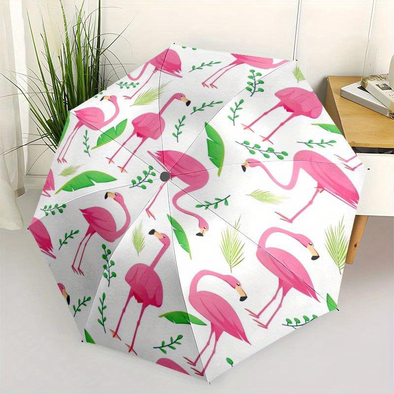 1pc Flamingo Automatic Umbrella - Lightweight Portable 8-Rib Design, Vibrant Pink Flamingo & Tropical Leaf Pattern, Durable Ca