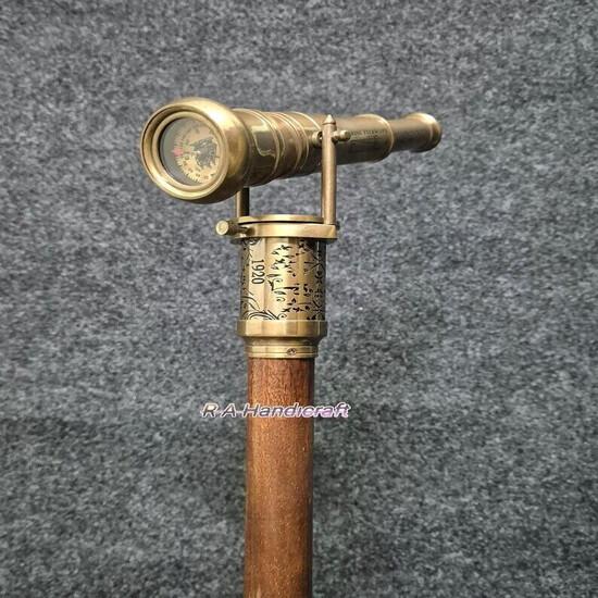 Antique Brass Telescope Head Handle Victorian Wooden Walking Stick Cane