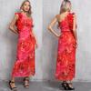 Women's One Shoulder Sleeveless Floral Print Bodycon Maxi Dress Ruffle Trim Sexy Evening Long Dress