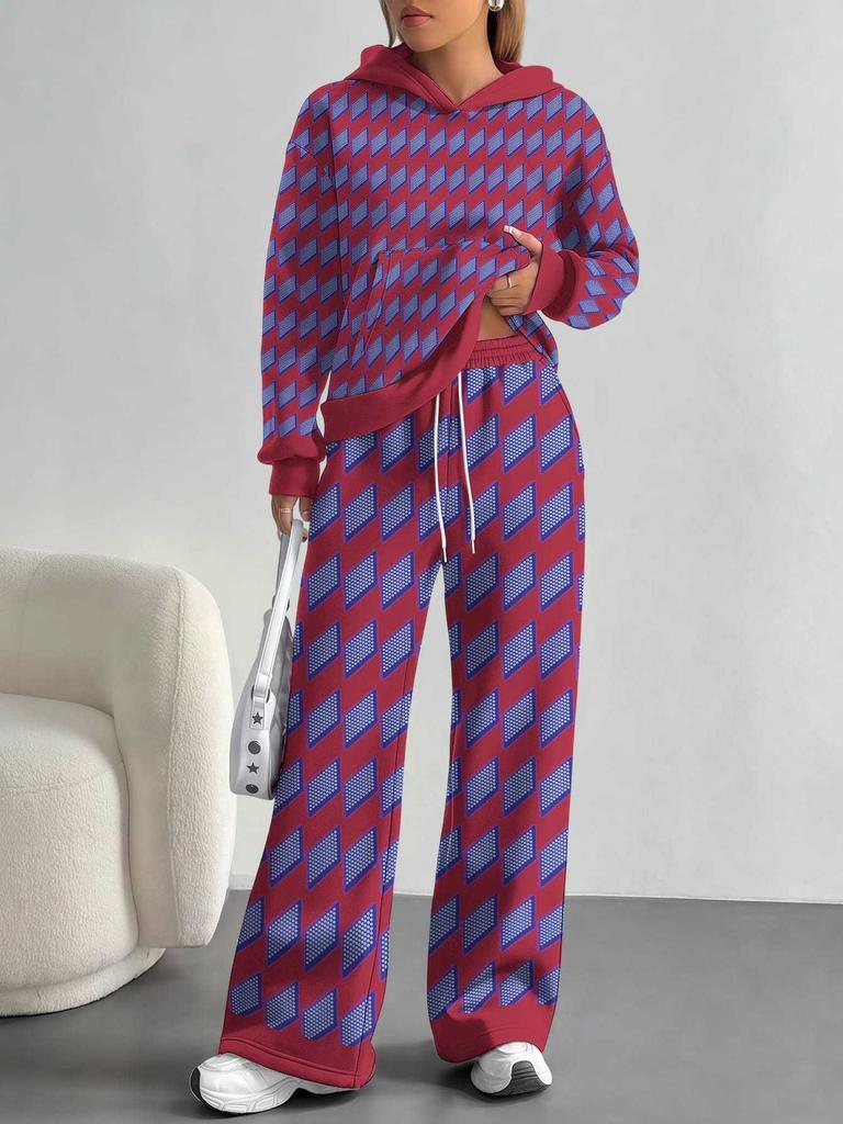 Square Splicing European, American Autumn and Winter Casual Long-sleeved Suit Women's Hooded Sweater Trousers Two-piece Set