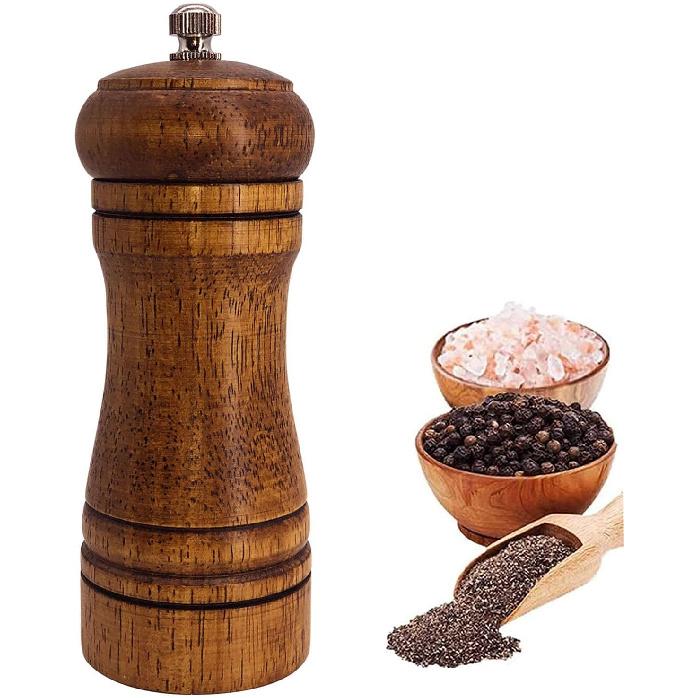 Wooden Pepper Mill, Ceramic Burr Adjustable Coarseness Pepper Grinder, Durable Manual Spice Pepper Mills Easily Refillable and Great Use, 5 Inch