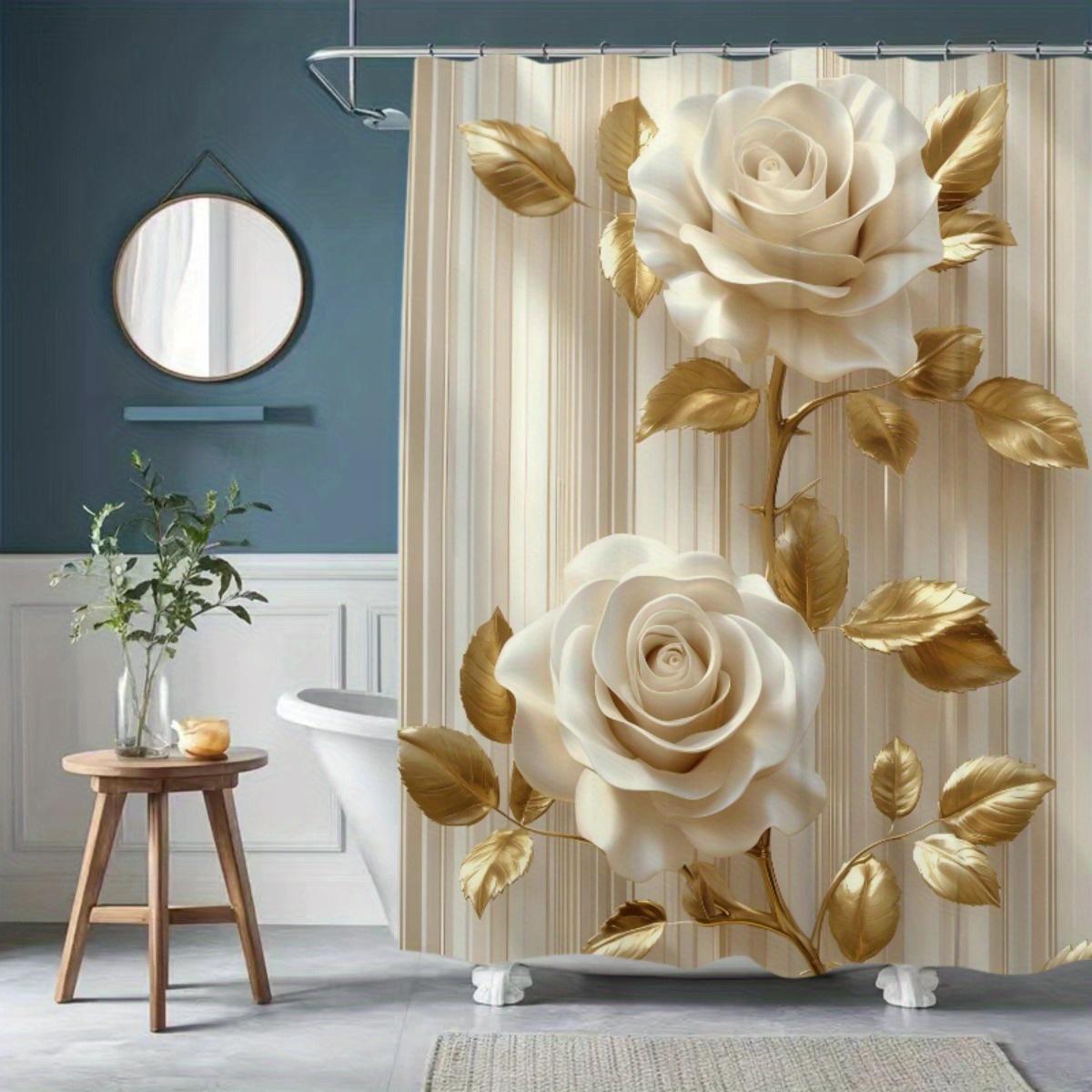 

Luxury Gold Rose Shower Curtain White Flowers Golden Leaves Elegant Design Waterproof Fabric Modern Bathroom Decor W60H190(CM)-1 Pcs